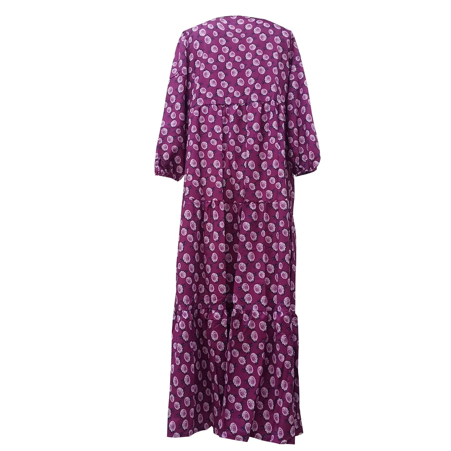 Puff Sleeve Boho Maxi Dress Elegant Women Summer 2022 Casual Floral Drawstring V-Neck Loose Holiday Beach Dresses Party Vestidos Badiee Stylez