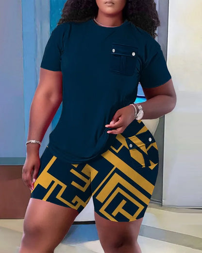 Women Two Piece Shorts Sets Solid Round Neck T Shirts Pockets Elastic Waist Short Trousers Suits Leisure Ladies 2025 Summer I