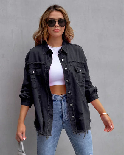 2025 Spring Autumn Shirt Style Denim Jacket Women Holes Raw-edges Jeancoat Casual Tops Female Oversize Loose Outerwear 7 Colors