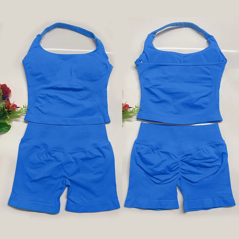 two piece DF yoga clothing set outfits woman yoga Impact Halter Top and spors shorts 4.5 inch Gym workout sets pilates clothes Badiee Stylez