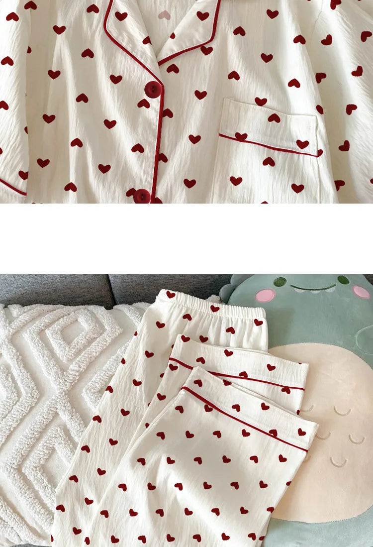 Women Summer Pajamas Three-piece Set Leisure Sleepwear Short Sleeve Lapel Sweet Heart Print Homewear Female Loose Loungewear