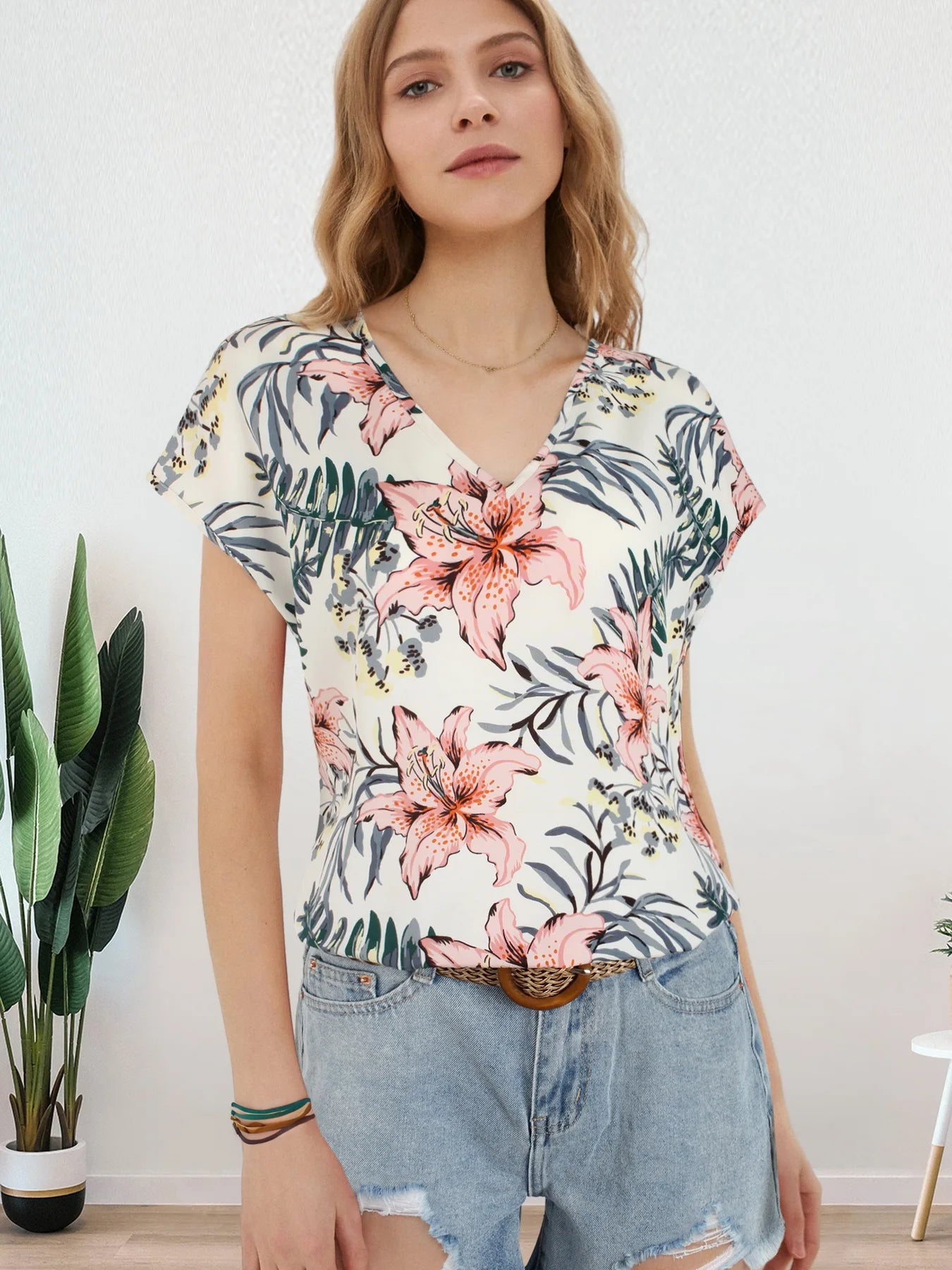 Women All Over Floral Print V Neck Batwing Sleeve Blouse Ladies Tops Shirts