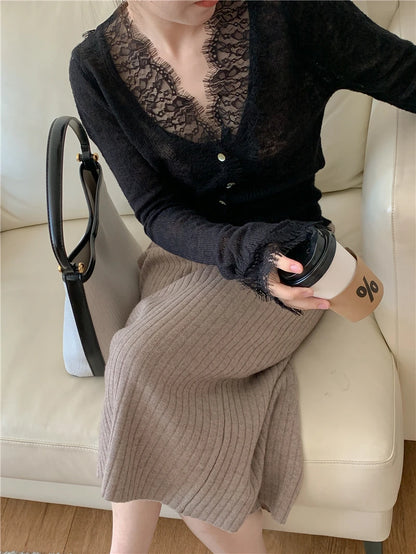 High-fashion Kawaii Botton Up Lace Patchwork Knitted Cardigan Women Autumn Winter Ladies Elegant Vintage Sweater Cheap Wholesale