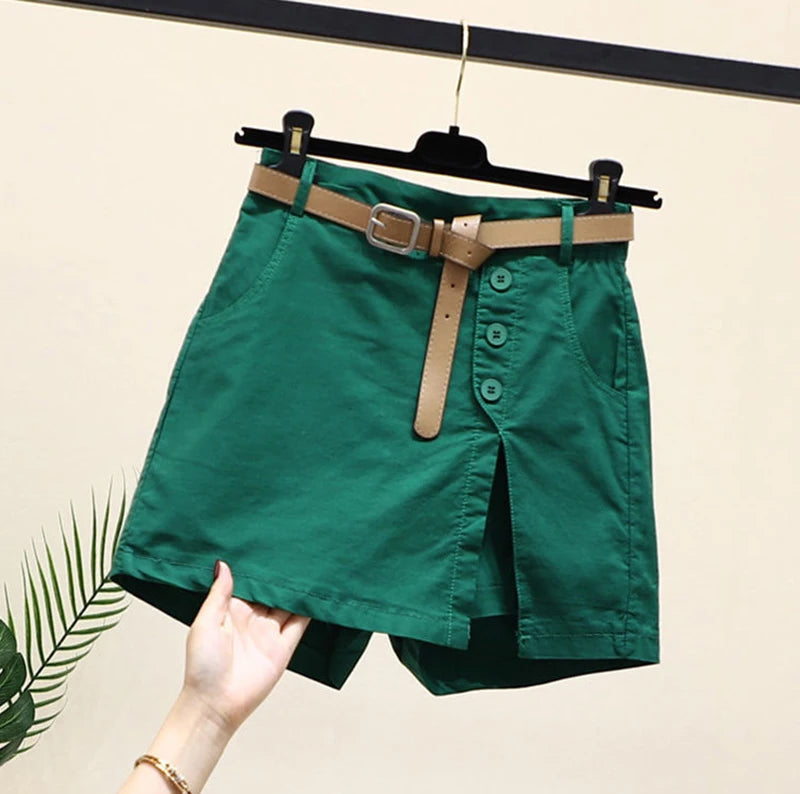Chic Shorts Women Belt Korean Solid Buttons Side Slit A-line Streetwear Fashion Skirts Chic Harajuku Summer Loose Pants