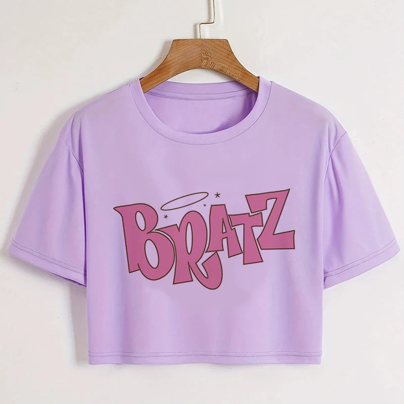Gothic Bratz Cropped Print Crew Neck T-shirt Y2K Short Sleeve Tight Fit Crop Top Spring Summer Women's Clothing purple--79171
