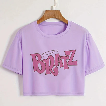 Gothic Bratz Cropped Print Crew Neck T-shirt Y2K Short Sleeve Tight Fit Crop Top Spring Summer Women's Clothing purple--79171