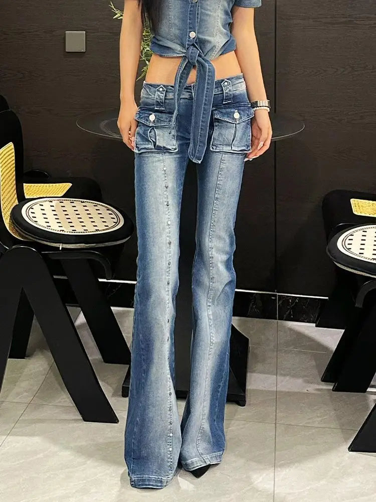 Millennium Y2k Pocket Rivet Micro Flare Jeans Vintage High Street Micro Flare Jeans Harajuku Style Hip Hop Y2k Pants Streetwear