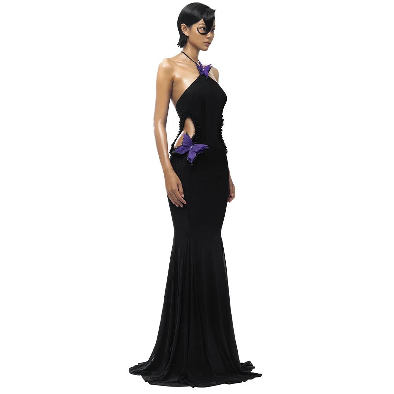 WhereMery Sexy Off Shoulder Butterfly Appliques Halter Maxi Dress 2025 Summer Women Trend See Through Hollow Out Beach Vestidos