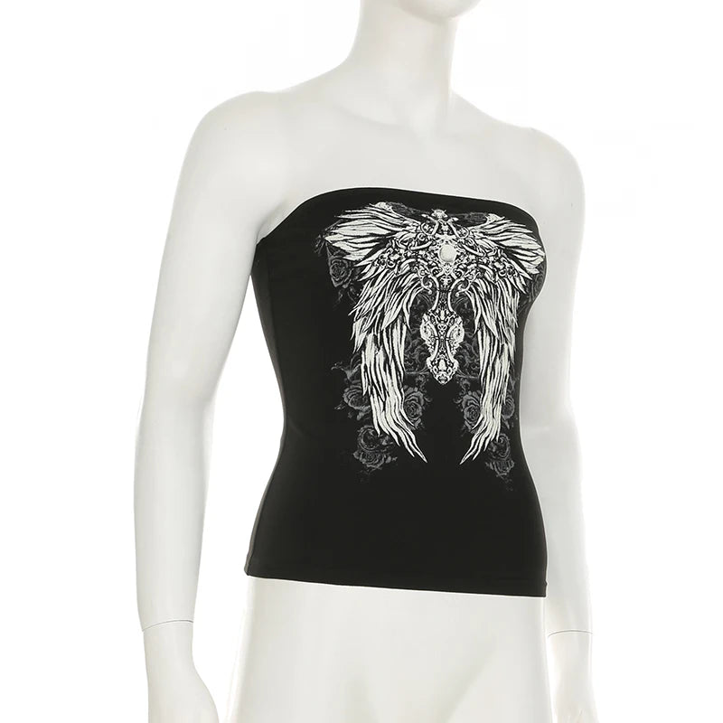 CIBBAR Gothic Print Black Tube Top Women Strapless Skinny Cropped Tops Summer Casual Chic Graphic Tees y2k Streetwear Vest Basic