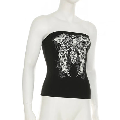 CIBBAR Gothic Print Black Tube Top Women Strapless Skinny Cropped Tops Summer Casual Chic Graphic Tees y2k Streetwear Vest Basic