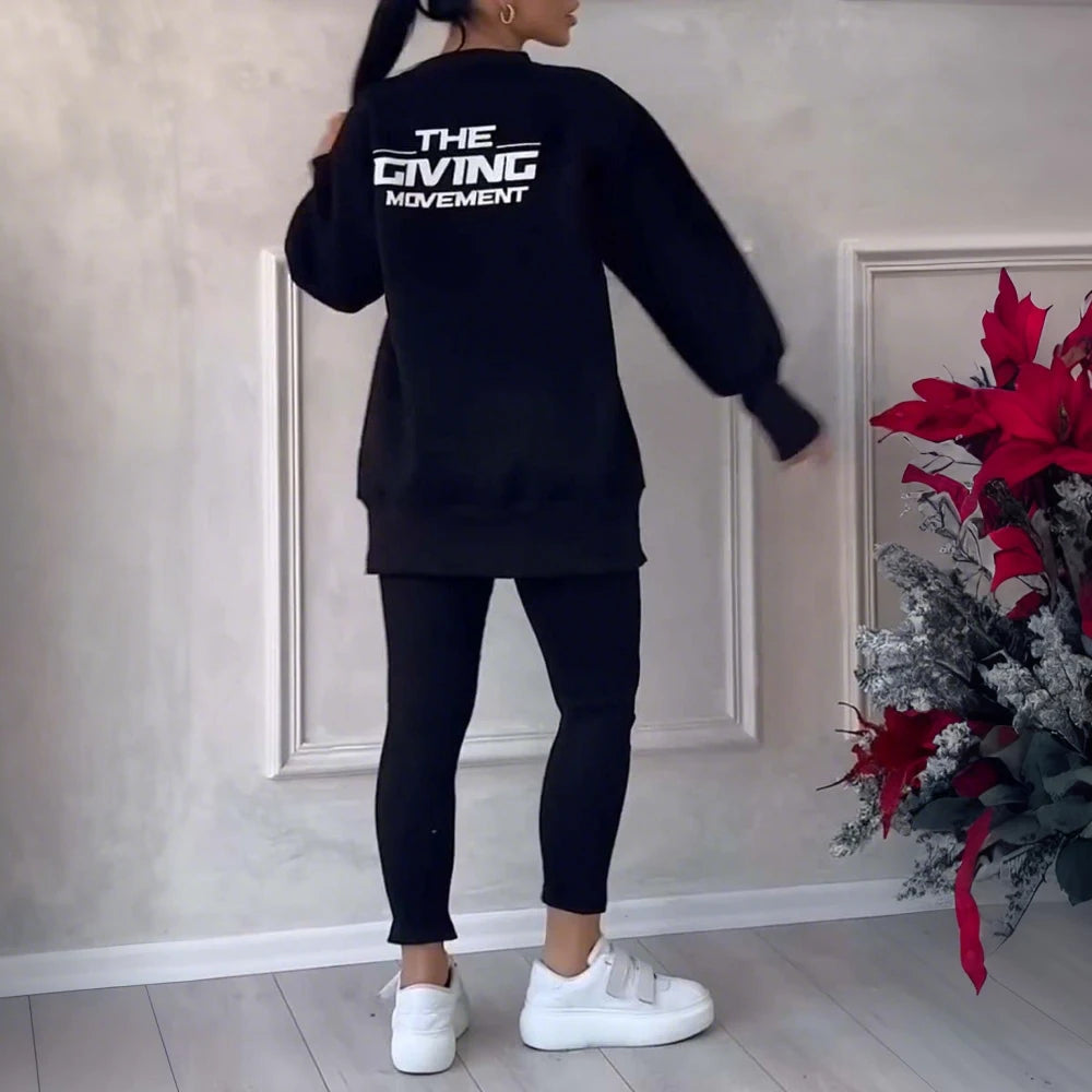 Women Two Piece Set Irregular Sweatshirt Long Sleeved Pullover Top Trouser Pants Set Autumn Winter Lady Solid Loose Outfits M L