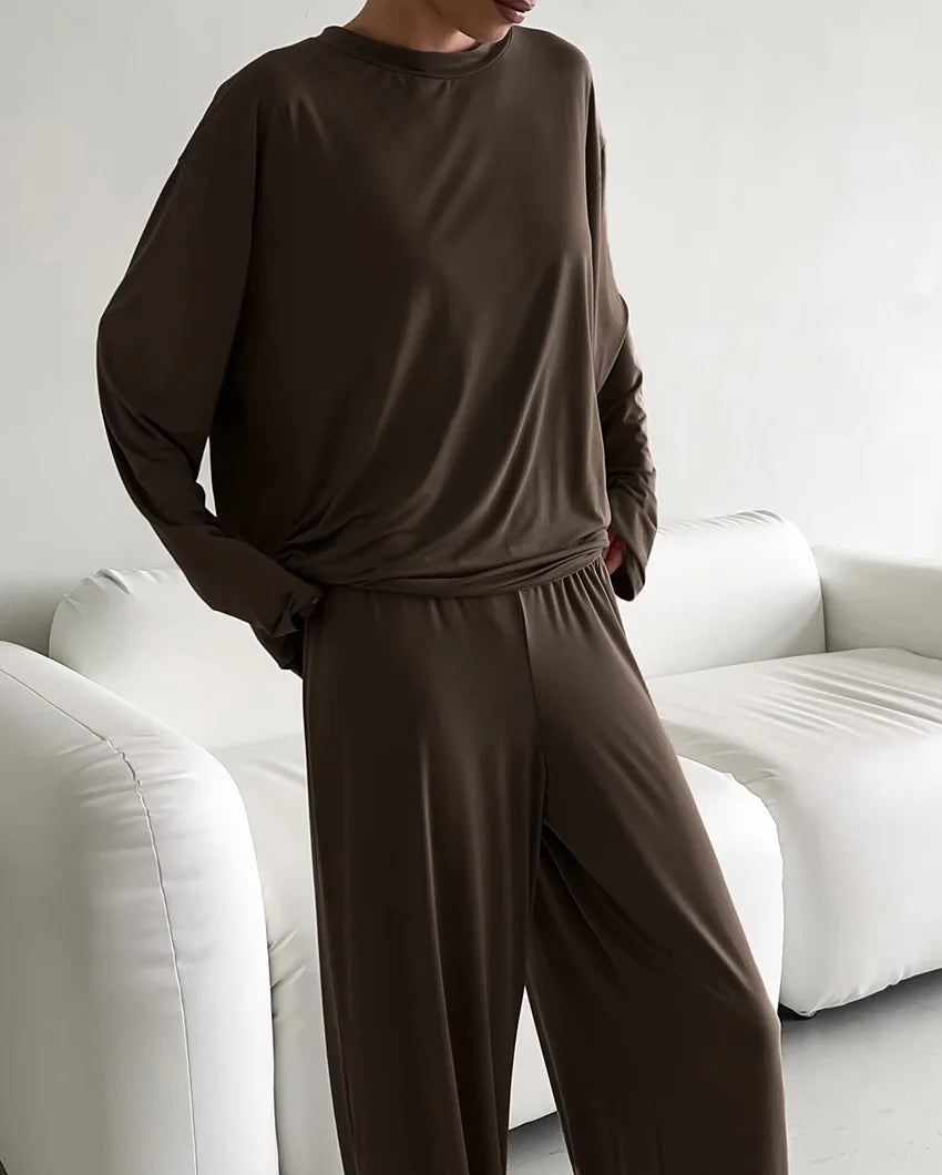 New 2025 Brown Loose Female Sleepwear Suit O-Neck Nightgowns Long Sleeve Nightwear Wide Leg Pants Women's Pajamas 2 Piece Set