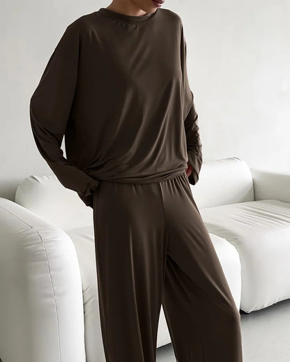 New 2025 Brown Loose Female Sleepwear Suit O-Neck Nightgowns Long Sleeve Nightwear Wide Leg Pants Women's Pajamas 2 Piece Set