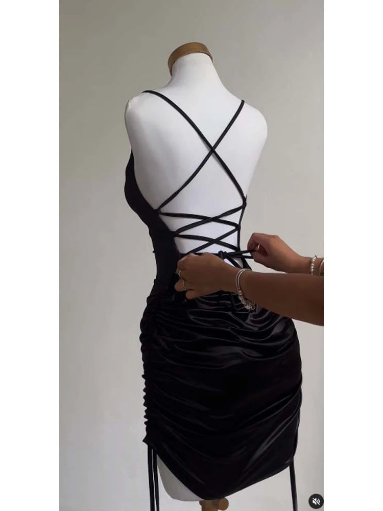 Sexy Satin Lace Up Bodycon Mini Dress Women Sleeveless Backless Party Club Dresses Streetwear Elegant Evening Clothes Black Robe