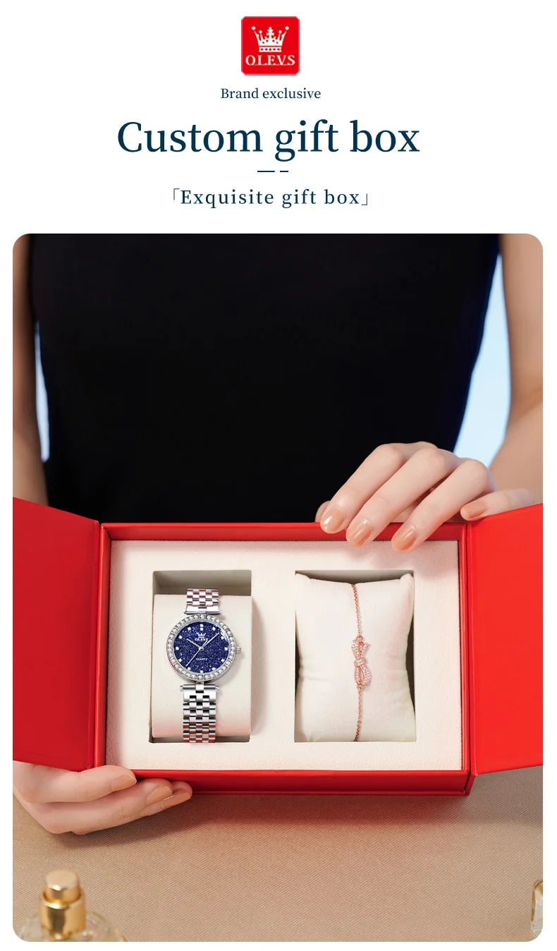 OLEVS 3641 Women Watch Elegant Quartz Watch Starry Dial Waterproof Luminous Diamond Bezel Ladies Watch Bracelet Set Ladies' Gift