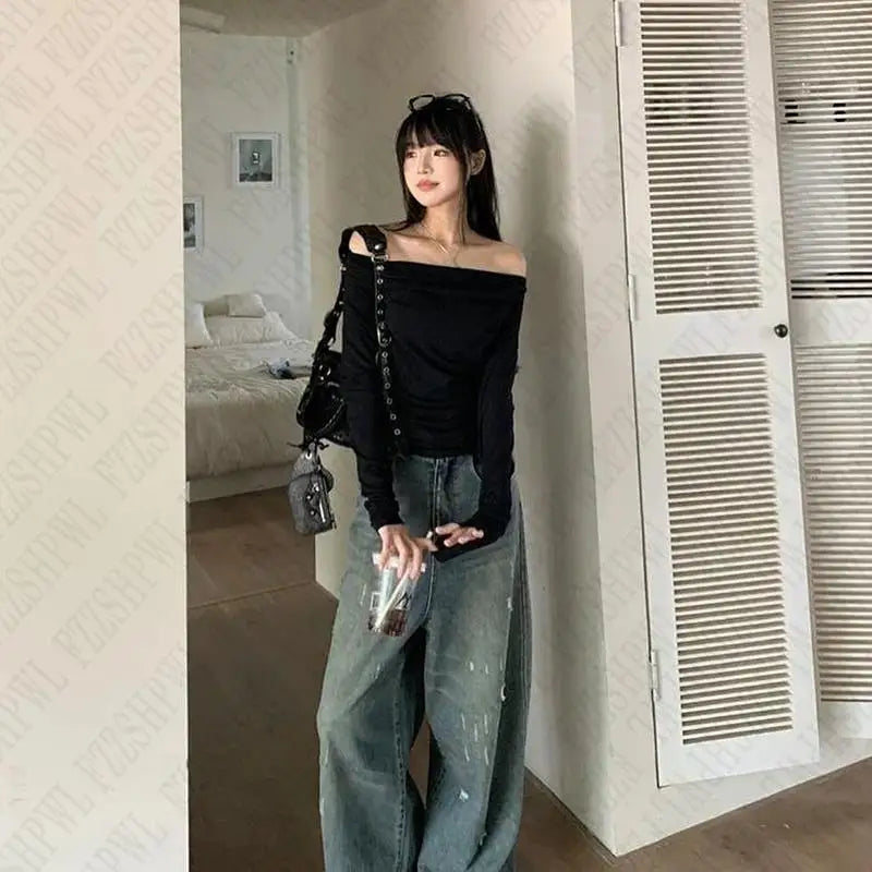 Sexy Punk Y2k Long sleeve Crop Top One shoulder Harajuku Grunge Goth Pullover Streetwear Hip Hop Baby Tee Retro Fashion Top EMO