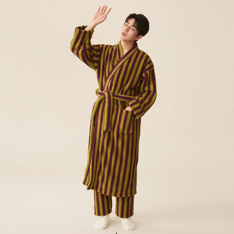 Thickened Flannel Robe Pants Pajamas Set Autumn Winter New Couple Coral Velvet Women Men Bathrobe Striped Lengthed Home Clothes men robe pants