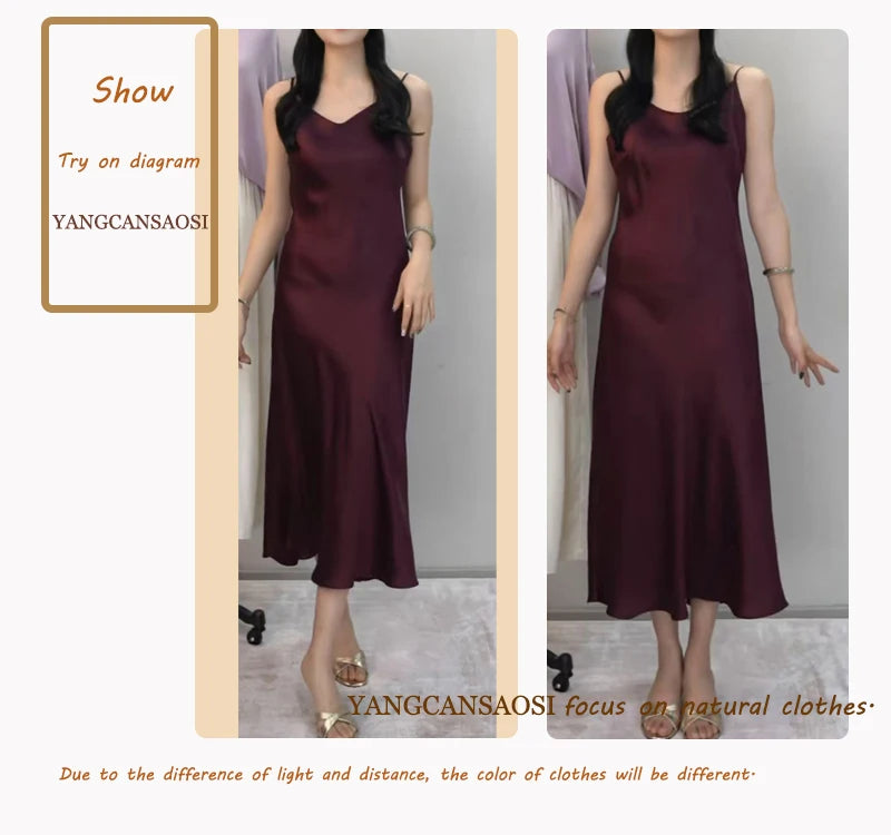 Small Heavyweight 21MM 100% Natural Mulberry Silk Plain Satin French V-neck Diagonal Cut Women's Sexy Solid Suspender Dress Badiee Stylez