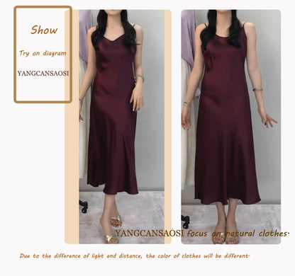 Small Heavyweight 21MM 100% Natural Mulberry Silk Plain Satin French V-neck Diagonal Cut Women's Sexy Solid Suspender Dress Badiee Stylez