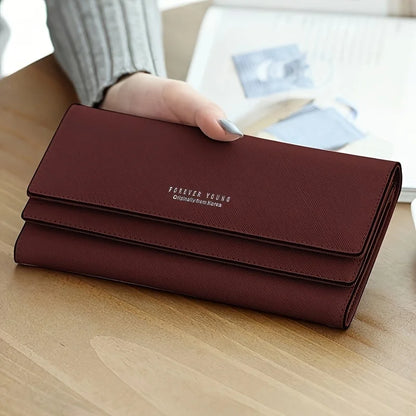 Brand PU Leather Women's Wallet High Quality 3 Fold Long Purse Clutch Coin Purse Phone Pocket Card Holder Large Capacity Burgundy