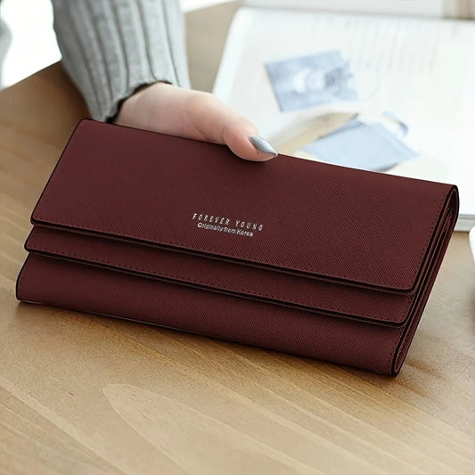 Brand PU Leather Women's Wallet High Quality 3 Fold Long Purse Clutch Coin Purse Phone Pocket Card Holder Large Capacity Burgundy