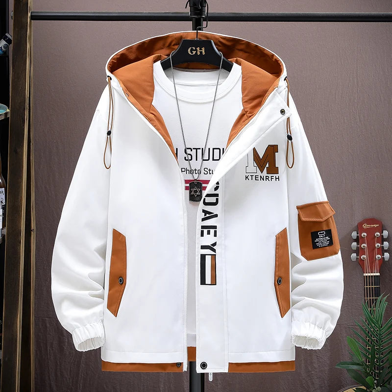 Men's Casual Hooded Jackets Autumn Patchwork Thin Coats Outwear Top Windbreaker Streetwear Male Outerwear Coat