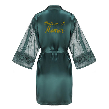 Green Bridesmaid Wedding Party Team Bride Robe With Gold Letters Lace Mesh Sleeve Kimono Satin Pajamas Mother Bathrobe As the photo show 13