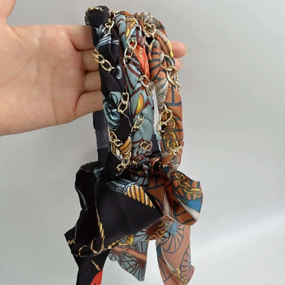 Retro Silk Scarf Headband Floral Print Pearl Braided Hairband Adjustable Bow Non Slip Ribbon Hairband for Women Girls Kid