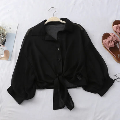 2023 Summer Half Sleeve Buttoned Up Shirt Loose Casual Blouse Chiffon Shirts Women Tied Waist Elegant Blouses for Women 9776 black