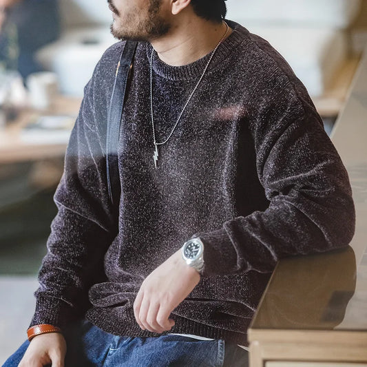 Maden Casual Chenille Round Neck Sweater for Men Warm Skin-friendly Beige Knitwear Autumn Winter Basic Solid Color Soft Sweater Badiee Stylez