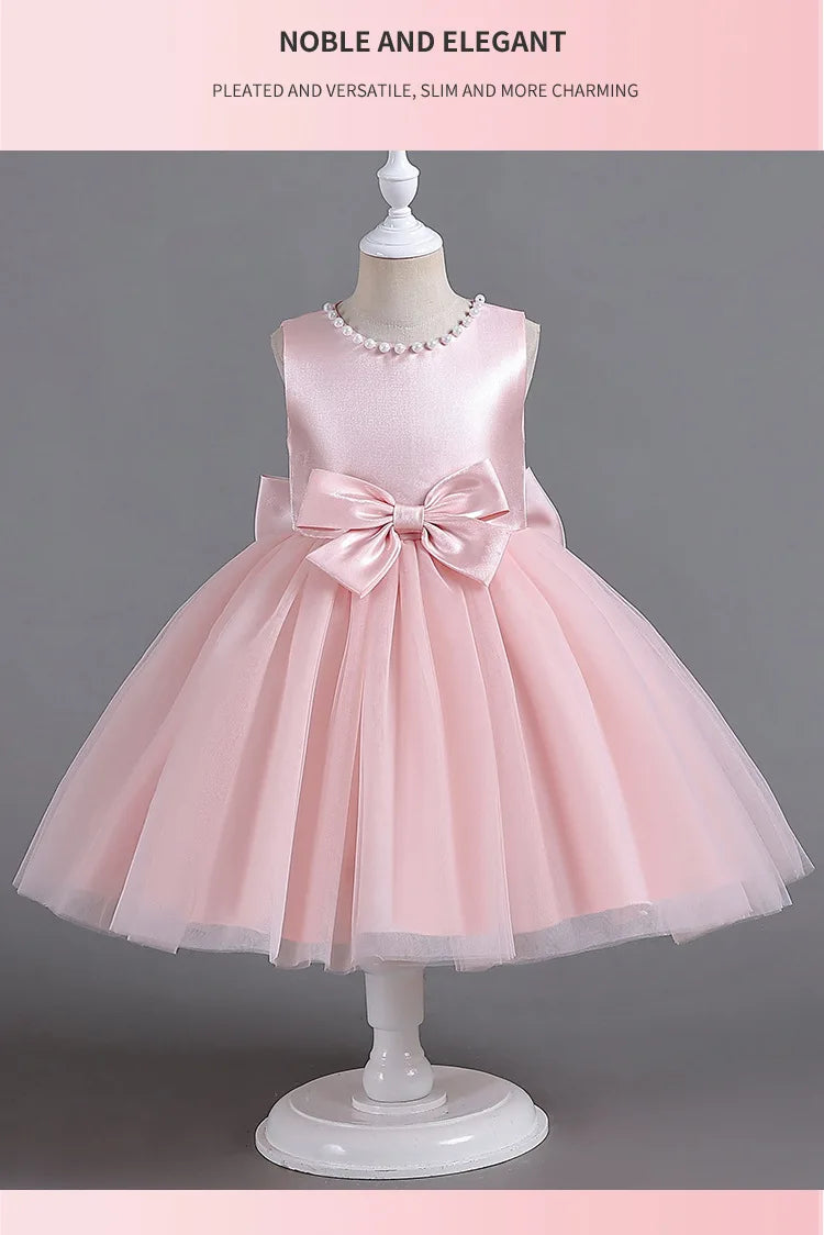 ELBCOS 4-14Y Girls Tie Crew Neck Long Sleeves Solid Color Fold Skirt Cardigan Coat Waist Bow Costumes Princess Party Dress Suit