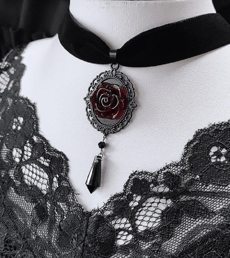 Gothic Dark Rose Cameo Choker Women Girls Halloween Pagan Witch Jewelry Accessories Gift Vintage Vampire Rose Velvet Necklace