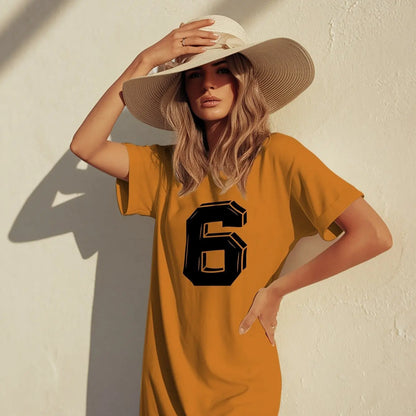 Plus Size Lucky Number 6 Women's Vibrant T-Shirt Dress with Bold White '6' Printed Casual Round Neck Short Sleeve Summer Dress CDXQ-56