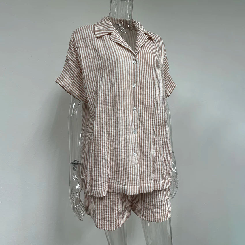 Hiloc Elegant Cotton Stripe Shorts Suits Pajamas Summer Short Sleeve Blouse With Elastic Waist Shorts 2 Piece Sets Home Outfits