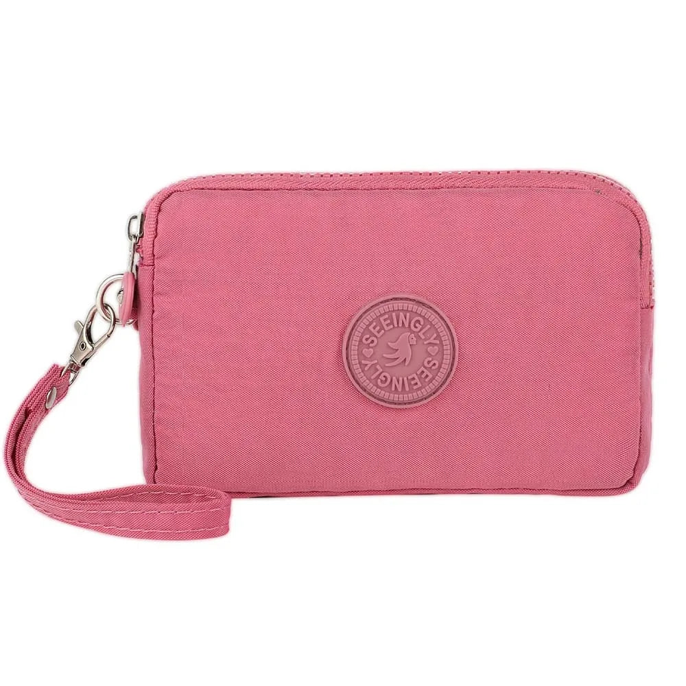 Bags Fabric Phone Purse Solid Color Coin Purse Three Zippers Bags Korean Style Wallets Women Wallets Wrinkle Clutch Bag pink