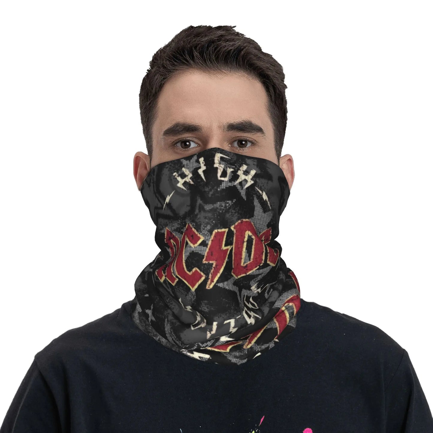 Custom Black AC DC Logo Camouflage Heavy Metal Band Bandana Neck Warmer Women Men Winter Hiking Ski Scarf Gaiter Face Cover
