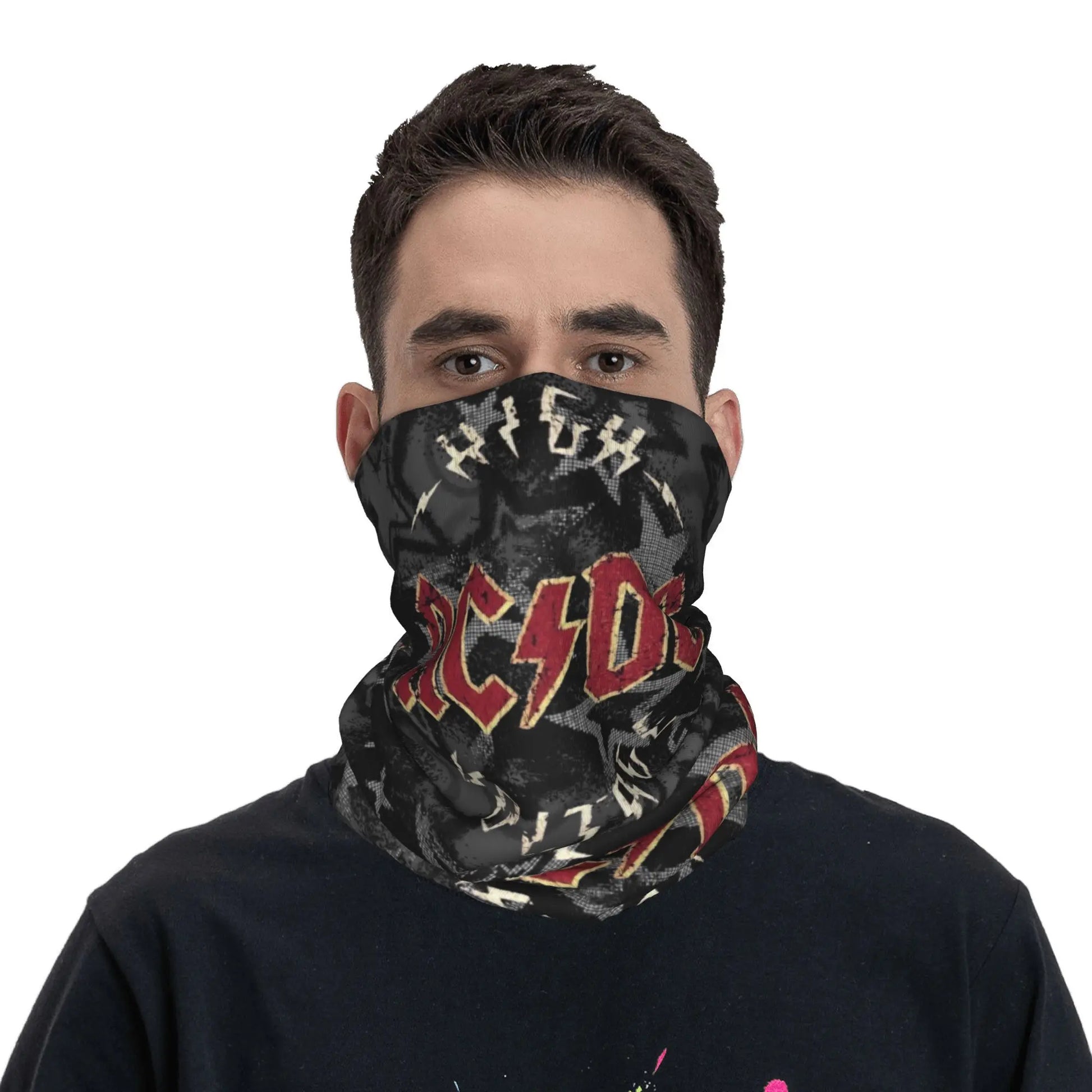 Custom Black AC DC Logo Camouflage Heavy Metal Band Bandana Neck Warmer Women Men Winter Hiking Ski Scarf Gaiter Face Cover