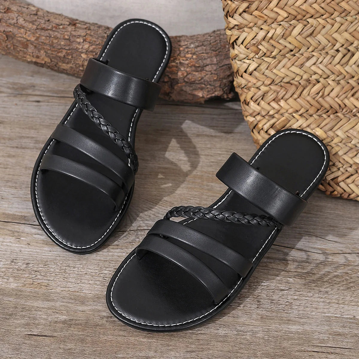 Women Sandals Summer Solid Colour Simple Ankle Strap Round Breathable Flat Bottom Roman Shoes Comfortable Women Beach Sandals