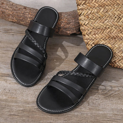 Women Sandals Summer Solid Colour Simple Ankle Strap Round Breathable Flat Bottom Roman Shoes Comfortable Women Beach Sandals
