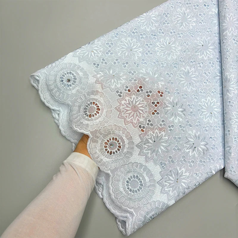 Original Austria Pure Cotton Lace Fabric 2024 High Quality Swiss Voile Embroidery Stones Lace Fabric For Women Celebration Dress