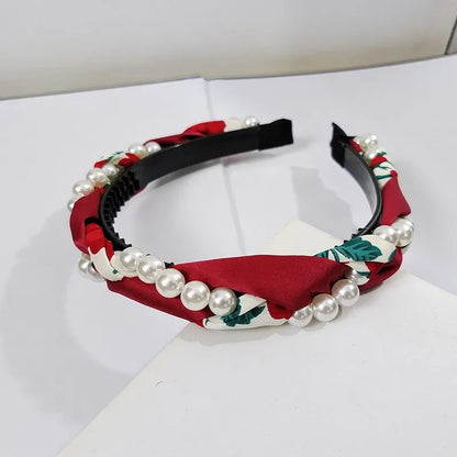 Women's Pearl Face Washband Anti-Slip Woven Headband High-End Feel Outing Hair Tie Pearl Hair Band Hair Accessories Red