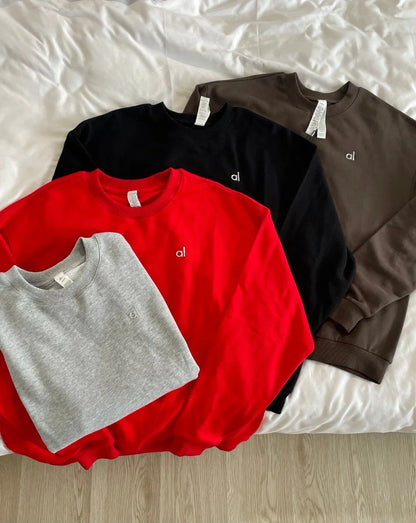 Fashion Trends Solid Long Sleeves Top Spring Black Red Round Neck Sweatshirts Simple Classic Letter Loose Casual Sports Top