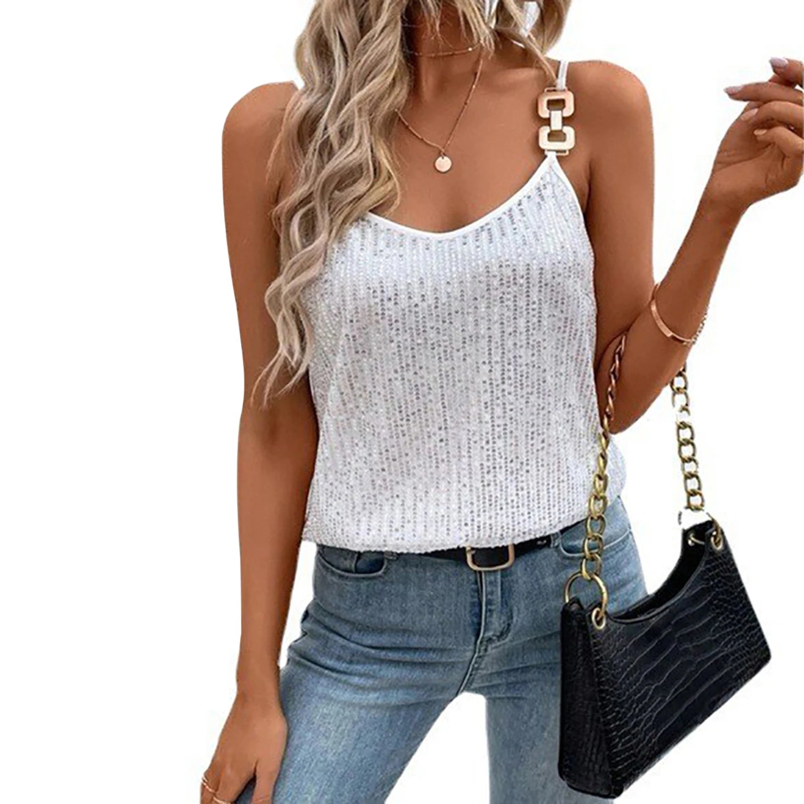 2024 Women´s Summer Sequin Cami Tops Spaghetti Strap V-Neck Sparkle Shimmer Loose Sleeveless Tanks Tops