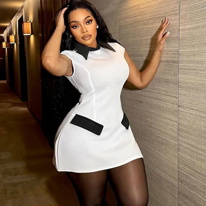 Elegant Fashion A-line Mini Dress Women Peter Pan Collar Cap Sleeve Pockets Patchwork Sheath High Waist Party Club Short Dresses