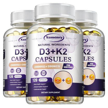 Vitamin D3 5000IU and 200 Mcg Vitamin K2 (MK-7) Capsules for Calcium Absorption, Bone Regeneration, Immune Support, Easy To Melt 120 Capsule-3bottles