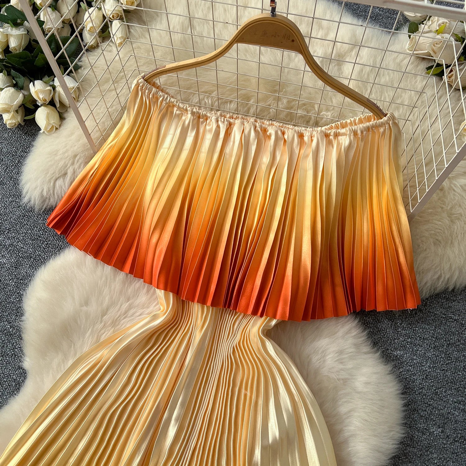 SINGREINY 2025 Gradient Party Long Dress Female Off Shoulder Elastic Waist A Line Sundress Vacation Luxury Pleated Maxi Dresses