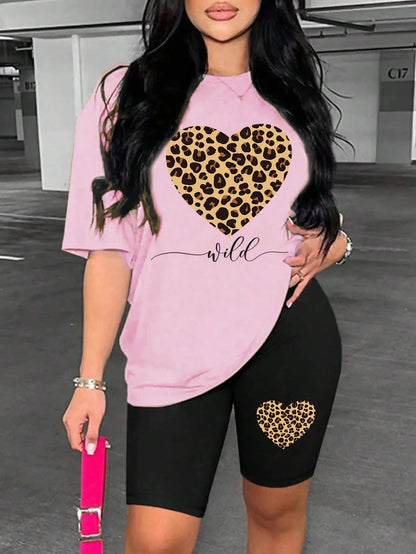 Leopard Heart Pattern Printing Shorts Sets Fashion Cartoon Women'S Two Piece Set Breathable Comfortable Short Sleeved Shorts Set Badiee Stylez