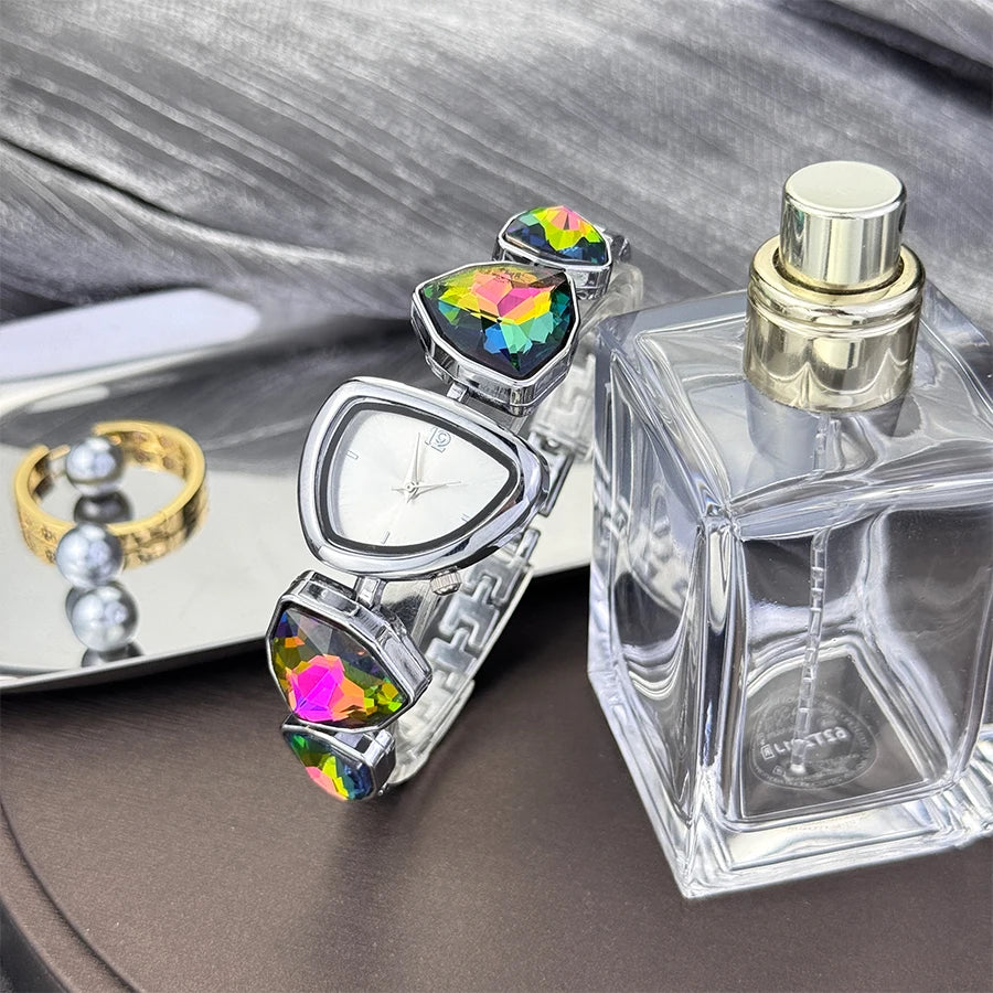 Women's irregular shape large sparkling special-shaped rhinestone simple sun pattern dial Fashion trend avant-garde quarts watch Silver