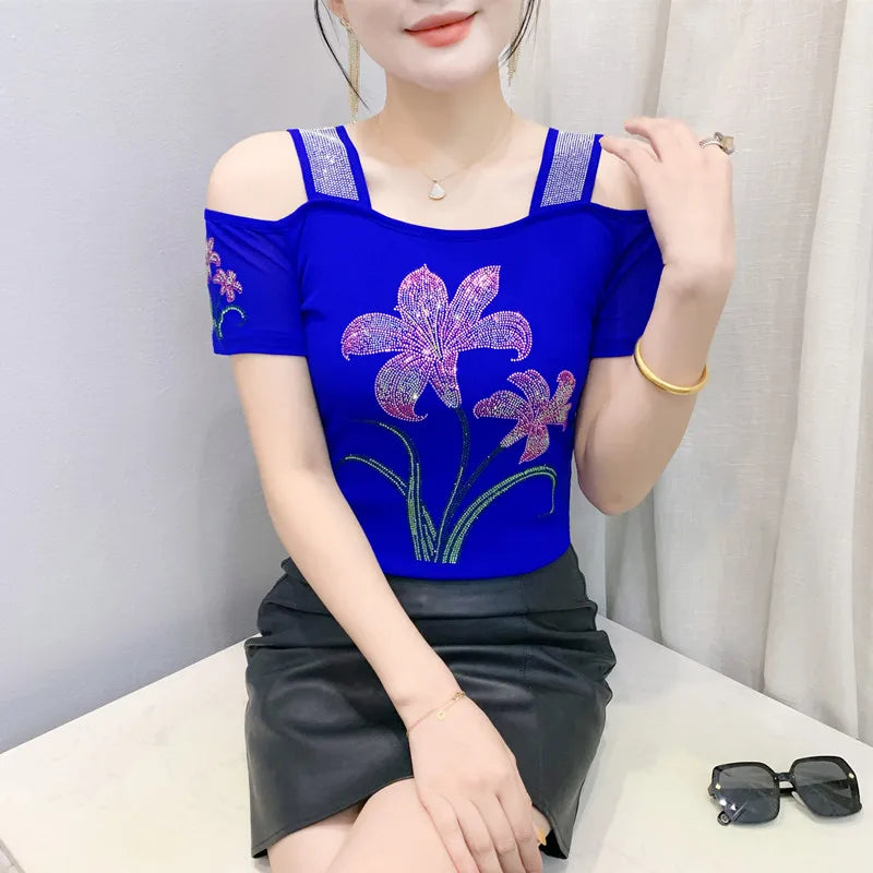 New Arrival Summer European Clothes Women's T-Shirts Chic Luxury Butterfly Hot Diamonds Tees Sexy Girl Slim Streetwear Tops Picture color 7
