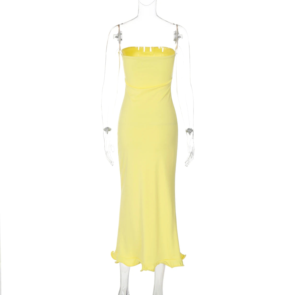 Dulzura Sleeveless Ruffles Patchwork Strapless Bodycon Midi Dress Women'S Solid Sexy Outfit Party Clubwear For Autumn Winter